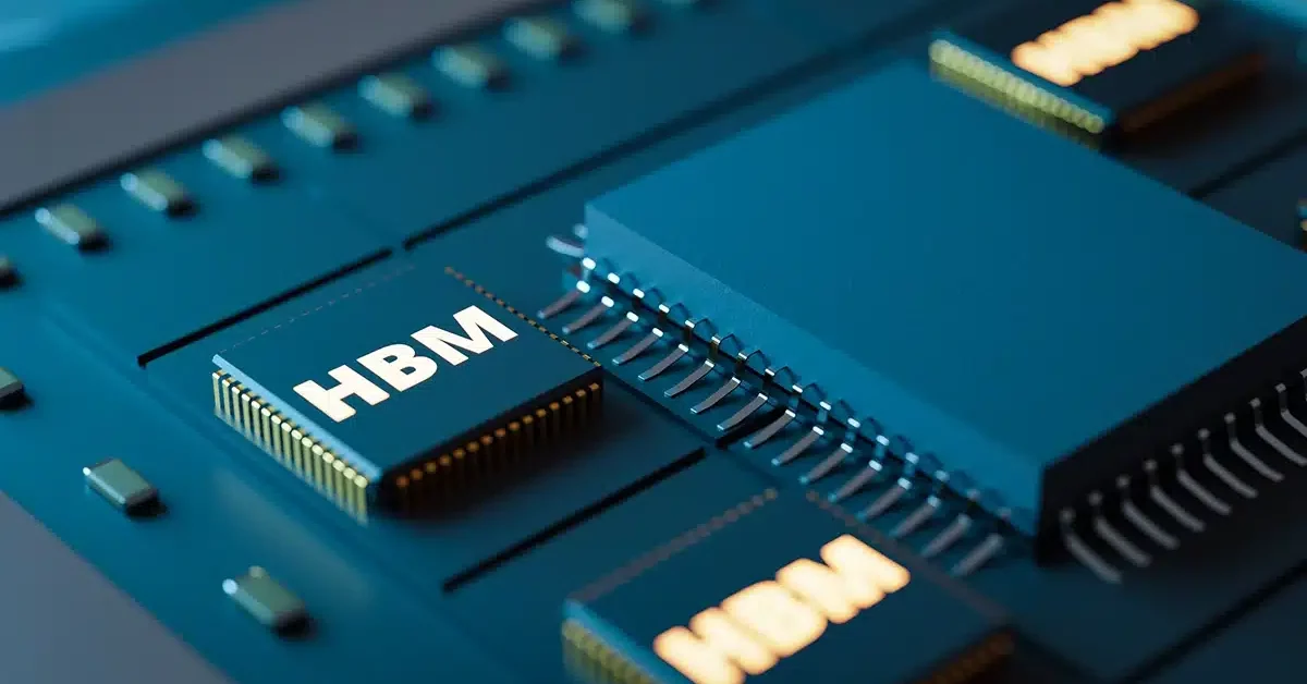 Close-up of an IBM HBM memory chip on a blue circuit board with gold pins.