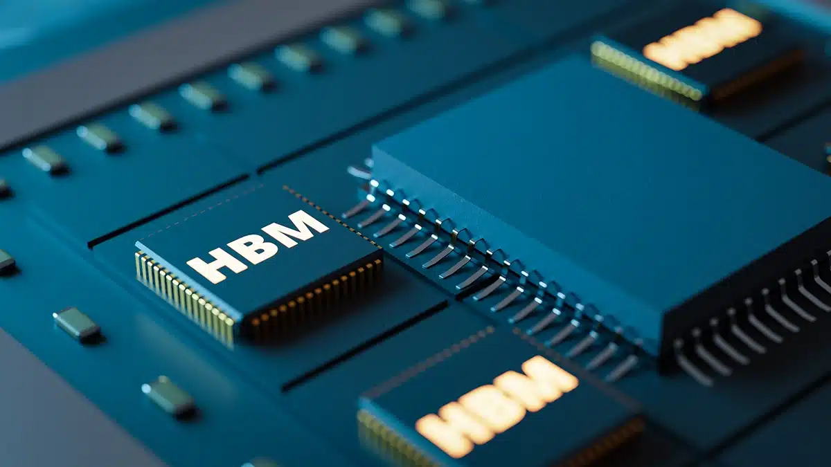 Close-up of an IBM HBM memory chip on a blue circuit board with gold pins.
